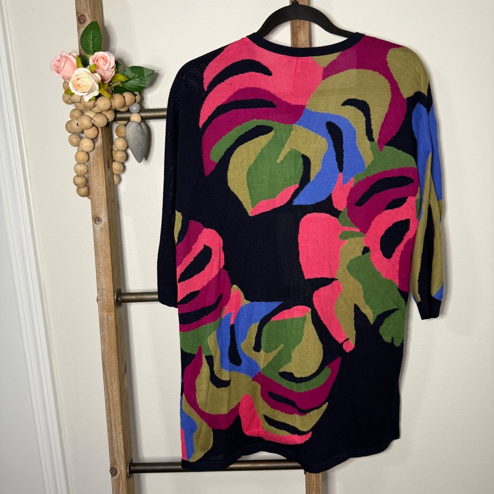 Chicos Abstract Floral Print Duster Cardigan Navy Blue Pink Green Size Small - Picture 5 of 10
